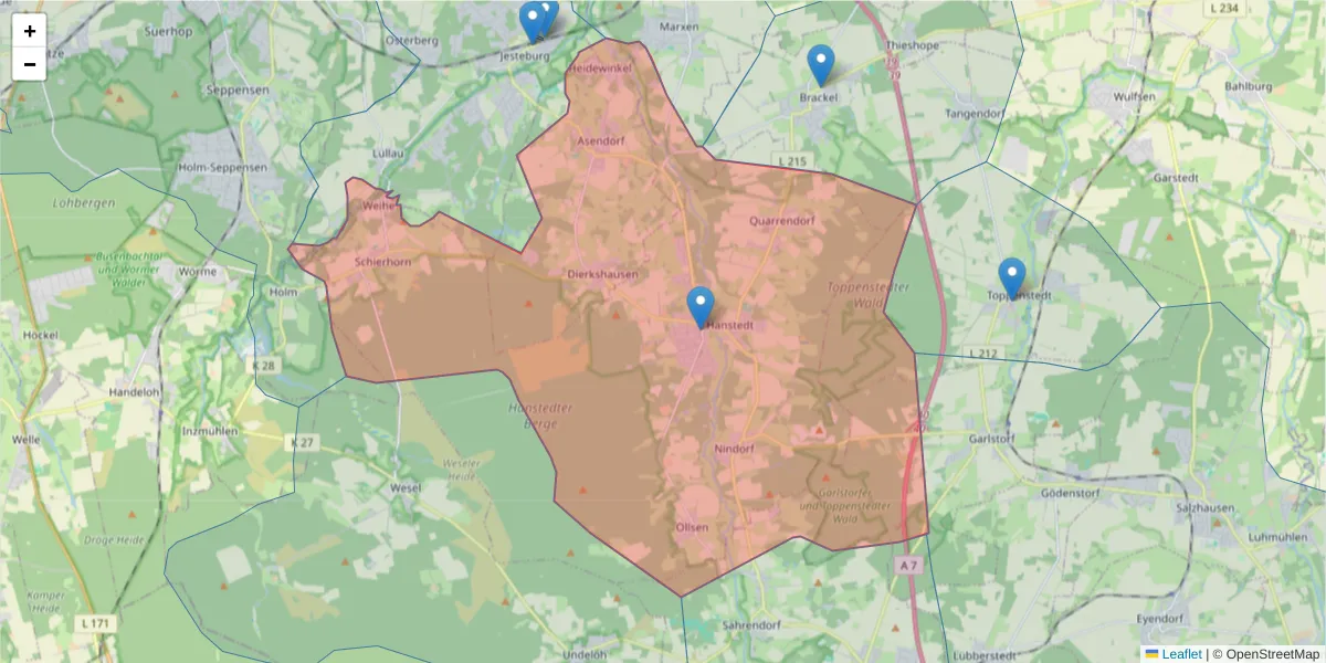 Karte des Postleitzahlen Bereichs  und der umliegenden Postleitzahlen in Deutschland