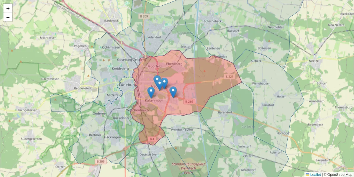 Karte des Postleitzahlen Bereichs  und der umliegenden Postleitzahlen in Deutschland
