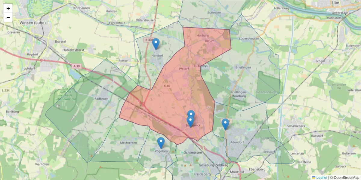 Karte des Postleitzahlen Bereichs  und der umliegenden Postleitzahlen in Deutschland