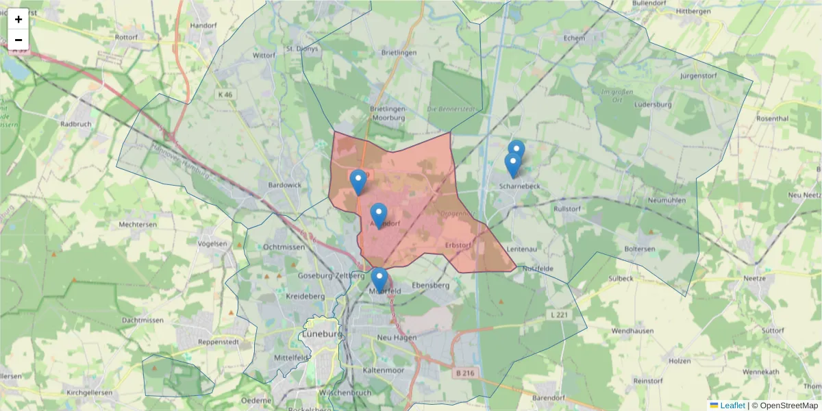 Karte des Postleitzahlen Bereichs  und der umliegenden Postleitzahlen in Deutschland