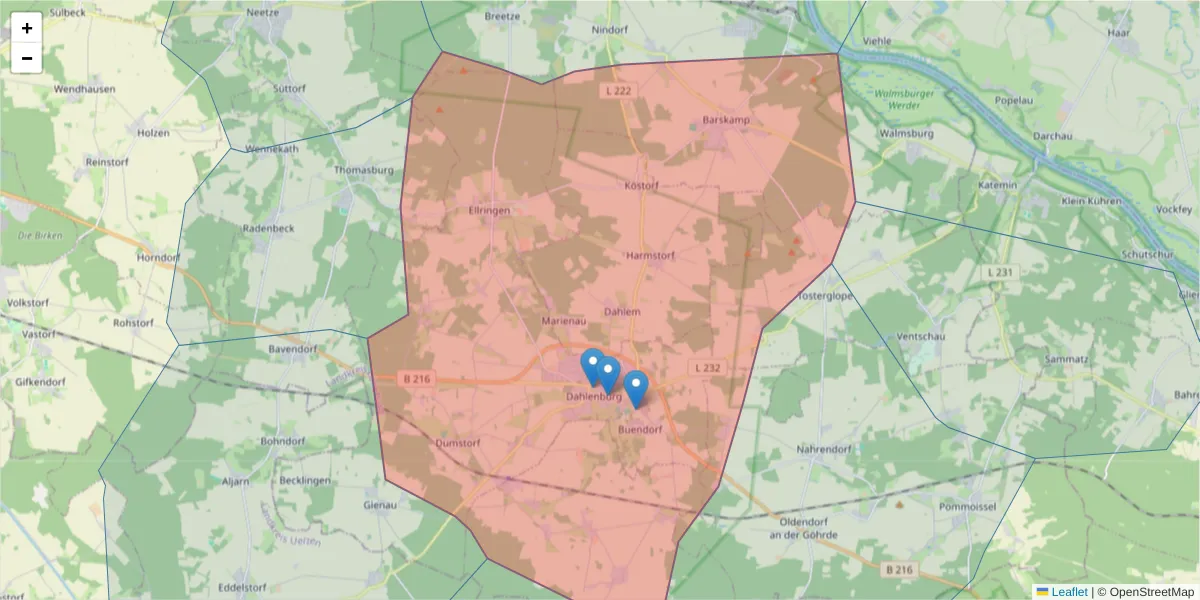 Karte des Postleitzahlen Bereichs  und der umliegenden Postleitzahlen in Deutschland