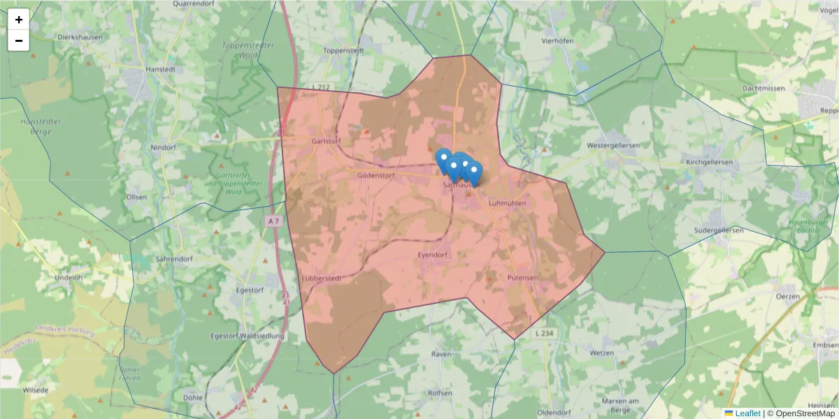 Karte des Postleitzahlen Bereichs  und der umliegenden Postleitzahlen in Deutschland