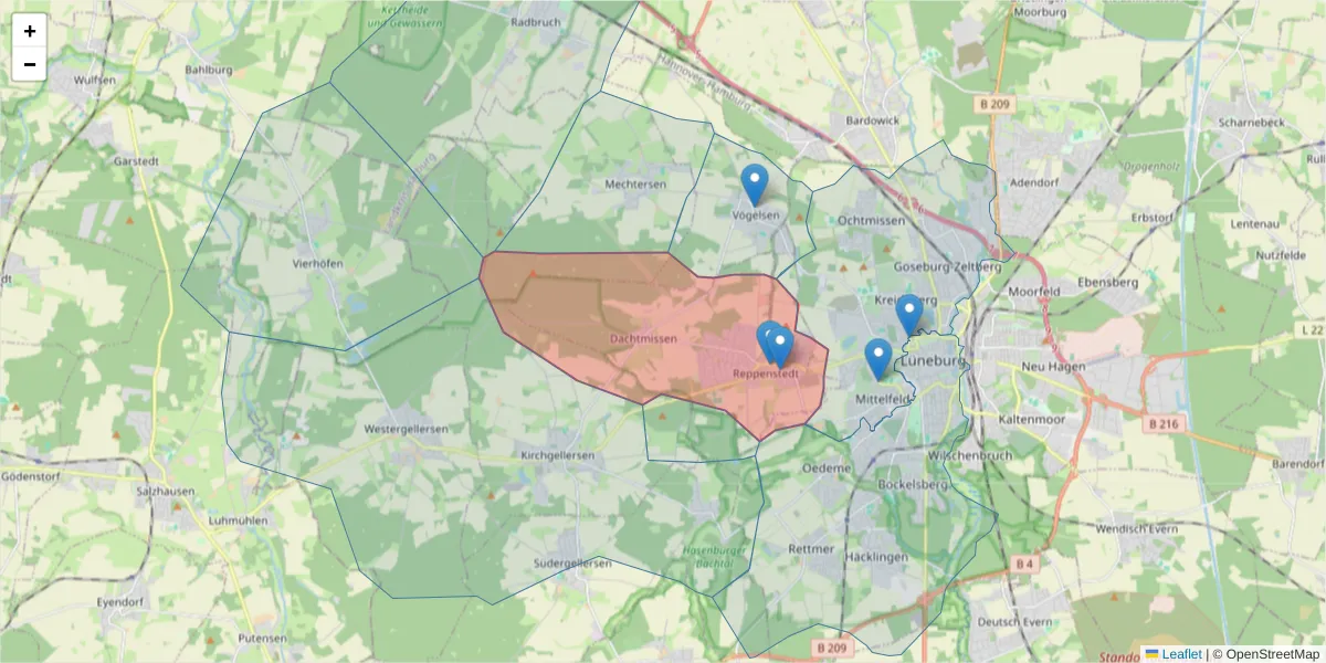 Karte des Postleitzahlen Bereichs  und der umliegenden Postleitzahlen in Deutschland