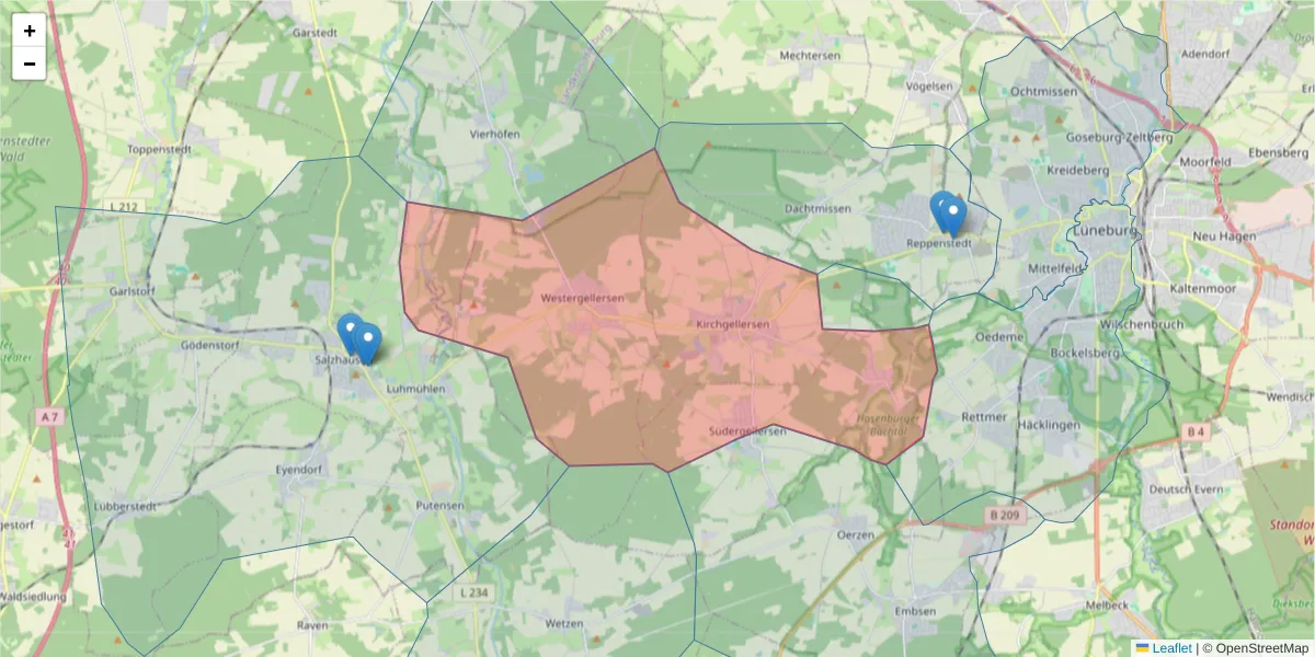 Karte des Postleitzahlen Bereichs  und der umliegenden Postleitzahlen in Deutschland