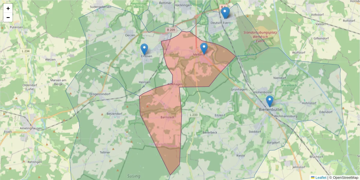 Karte des Postleitzahlen Bereichs  und der umliegenden Postleitzahlen in Deutschland