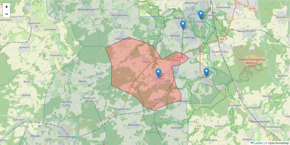 Karte des Postleitzahlen Bereichs  und der umliegenden Postleitzahlen in Deutschland