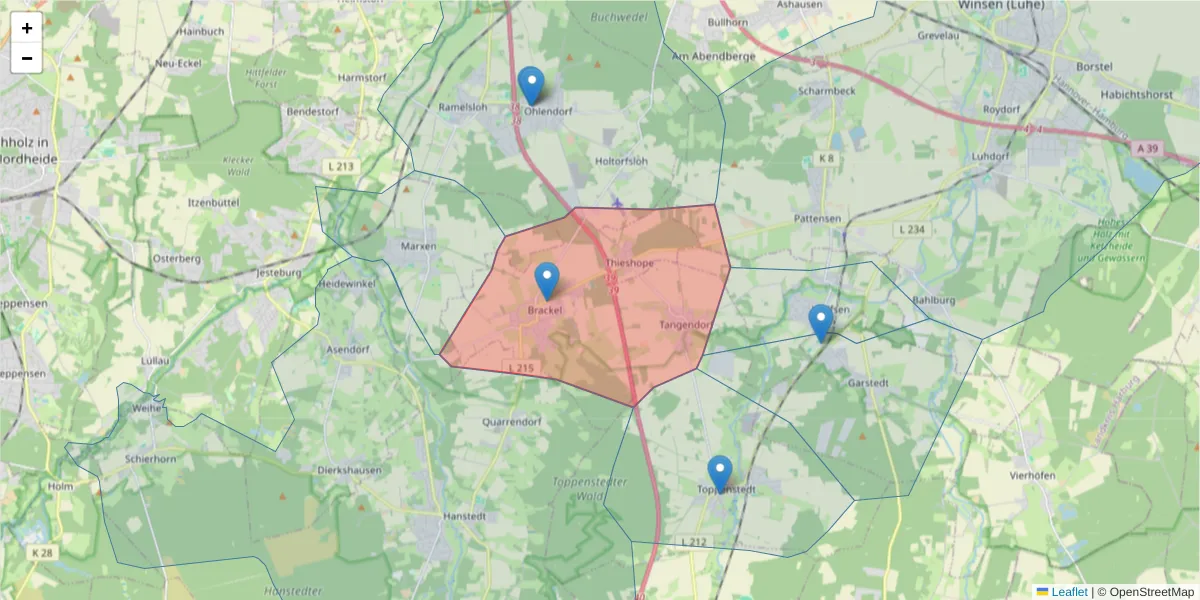 Karte des Postleitzahlen Bereichs  und der umliegenden Postleitzahlen in Deutschland