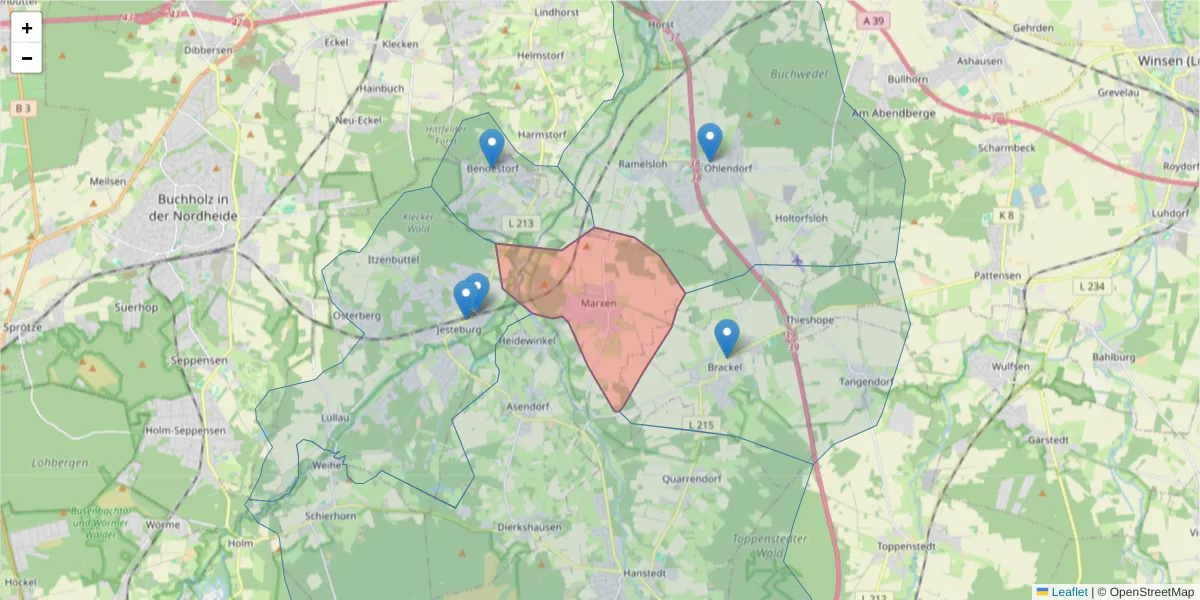 Karte des Postleitzahlen Bereichs  und der umliegenden Postleitzahlen in Deutschland