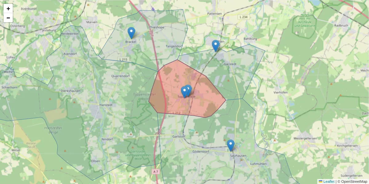 Karte des Postleitzahlen Bereichs  und der umliegenden Postleitzahlen in Deutschland