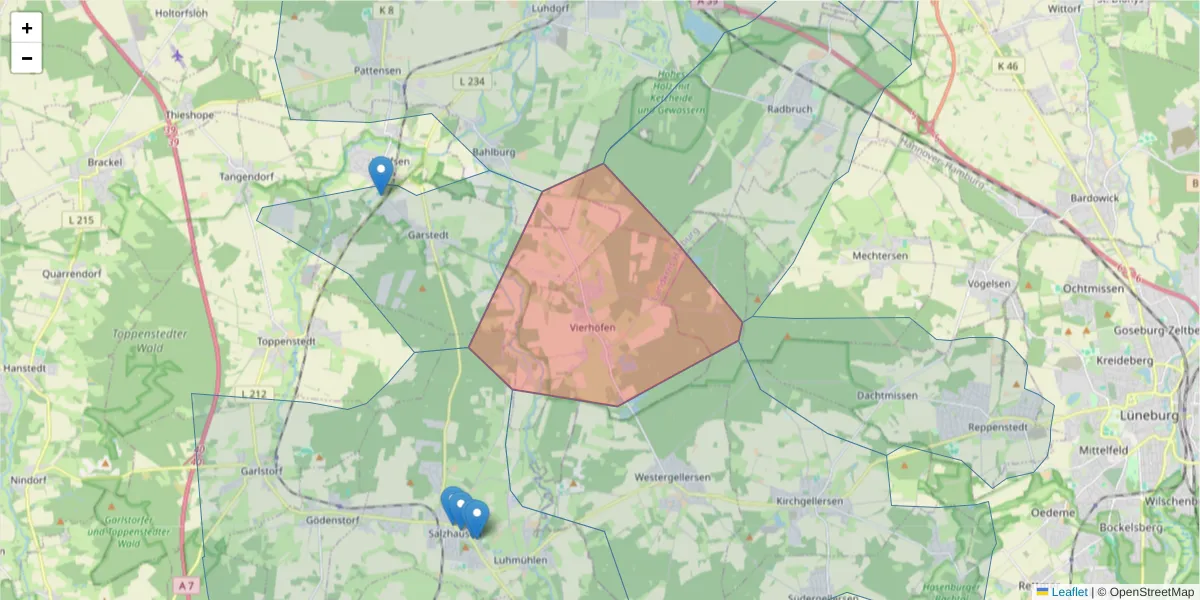 Karte des Postleitzahlen Bereichs  und der umliegenden Postleitzahlen in Deutschland