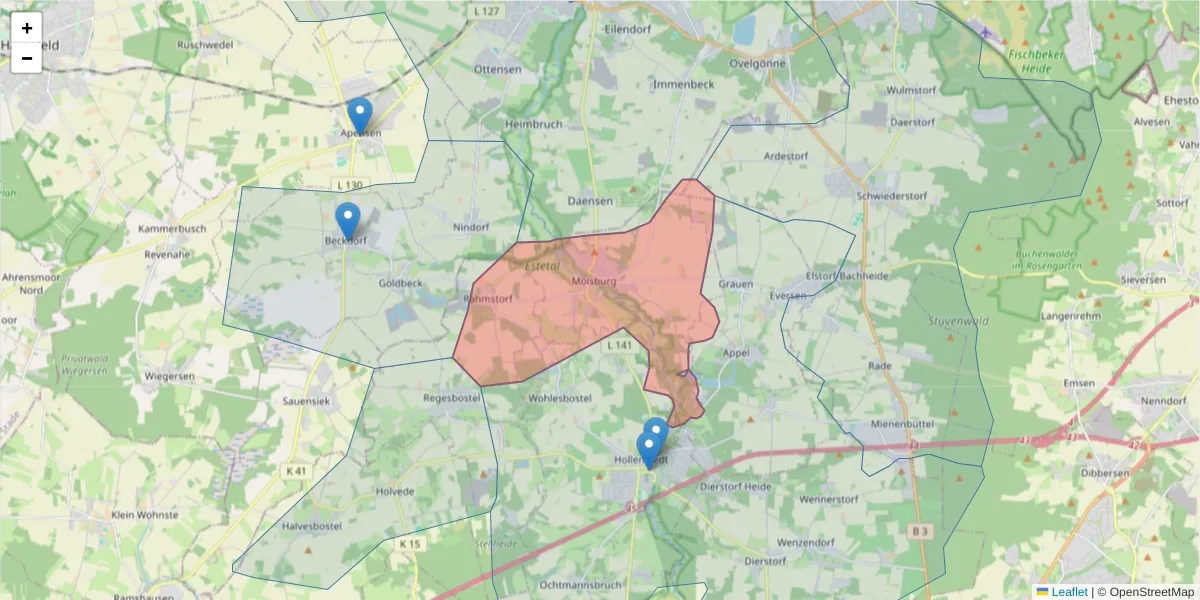 Karte des Postleitzahlen Bereichs  und der umliegenden Postleitzahlen in Deutschland