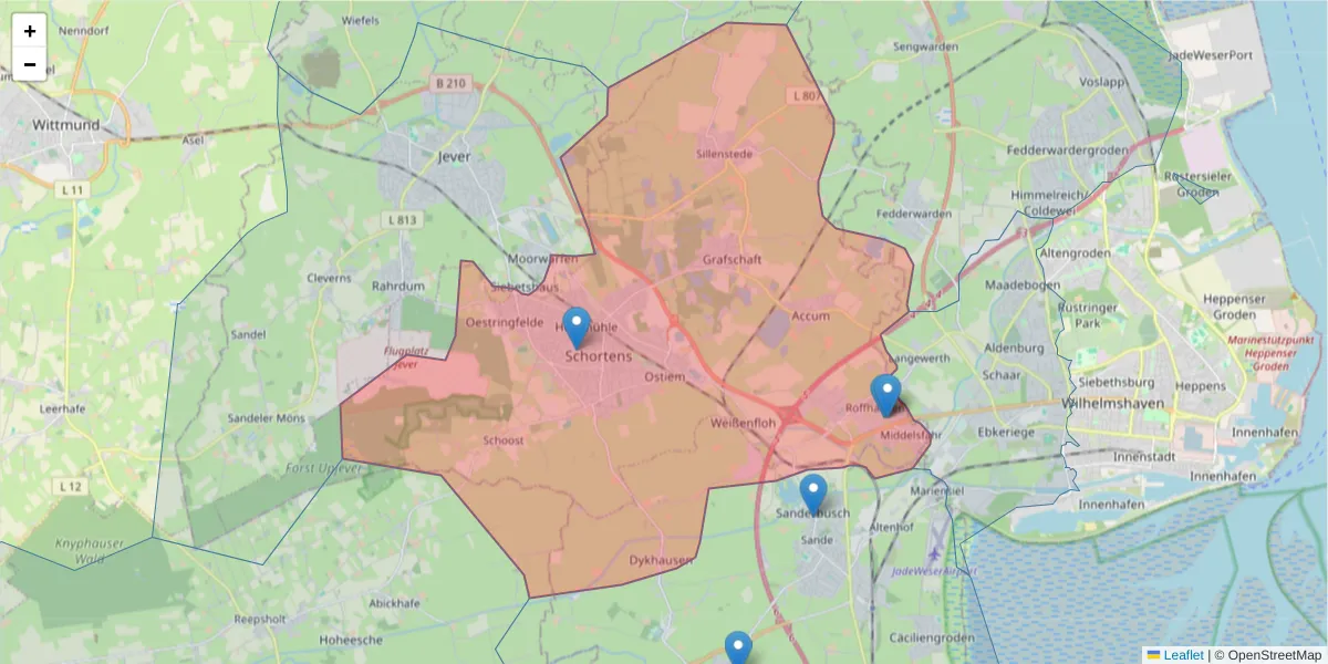 Karte des Postleitzahlen Bereichs  und der umliegenden Postleitzahlen in Deutschland