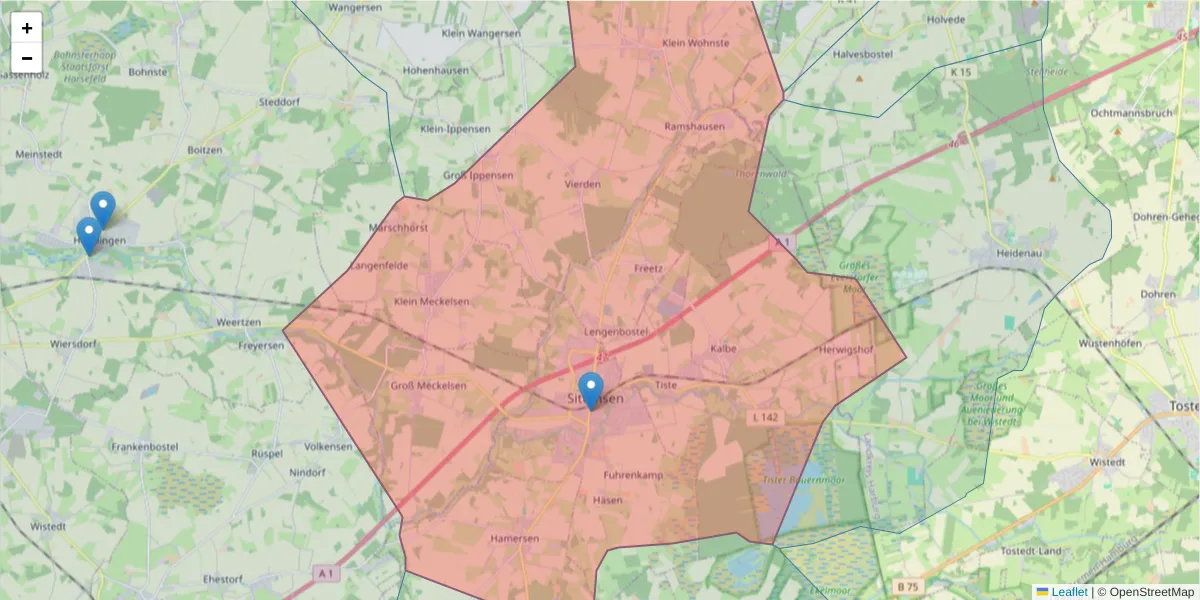 Karte des Postleitzahlen Bereichs  und der umliegenden Postleitzahlen in Deutschland