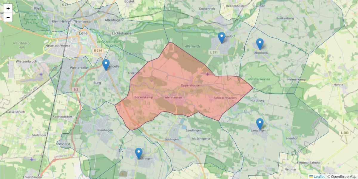 Karte des Postleitzahlen Bereichs  und der umliegenden Postleitzahlen in Deutschland