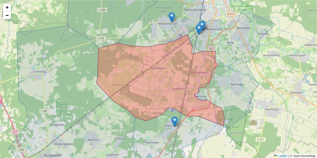 Karte des Postleitzahlen Bereichs  und der umliegenden Postleitzahlen in Deutschland
