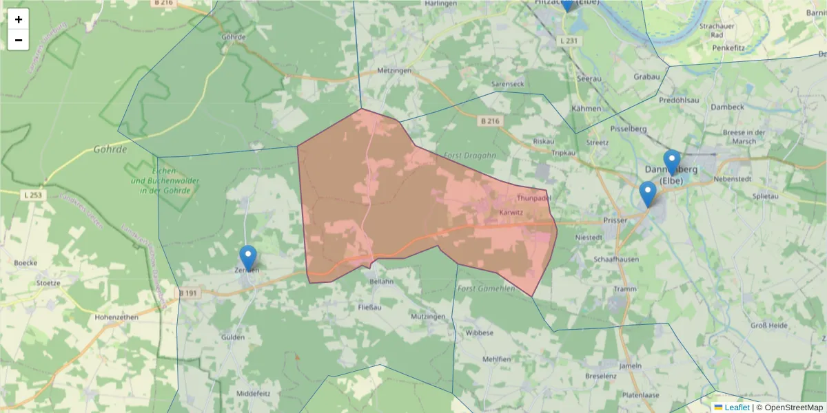 Karte des Postleitzahlen Bereichs  und der umliegenden Postleitzahlen in Deutschland
