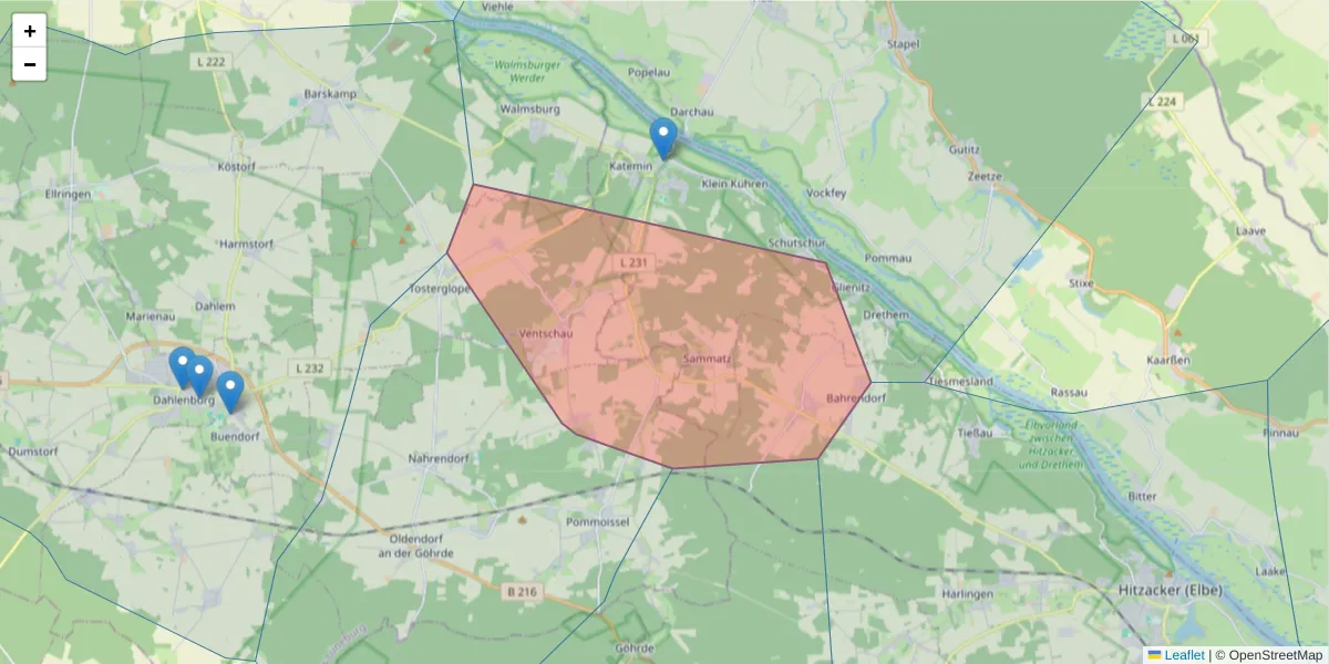 Karte des Postleitzahlen Bereichs  und der umliegenden Postleitzahlen in Deutschland