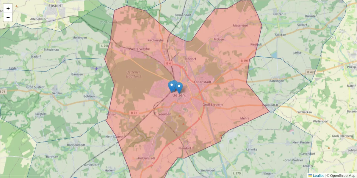 Karte des Postleitzahlen Bereichs  und der umliegenden Postleitzahlen in Deutschland