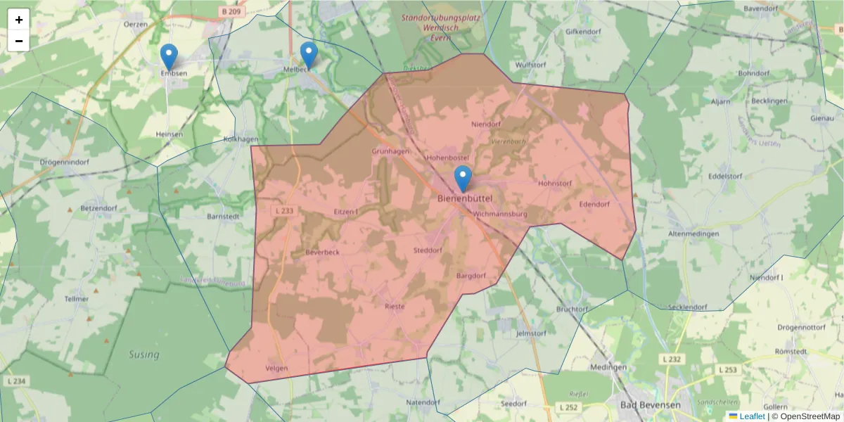 Karte des Postleitzahlen Bereichs  und der umliegenden Postleitzahlen in Deutschland