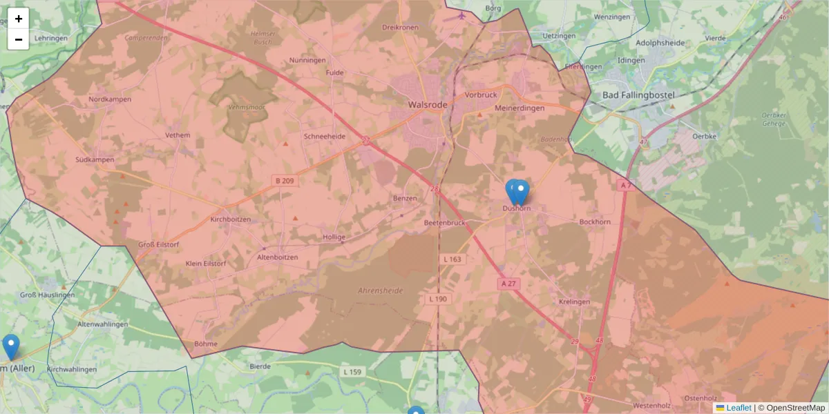 Karte des Postleitzahlen Bereichs  und der umliegenden Postleitzahlen in Deutschland