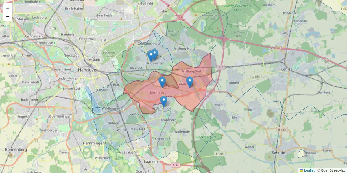 Karte des Postleitzahlen Bereichs  und der umliegenden Postleitzahlen in Deutschland