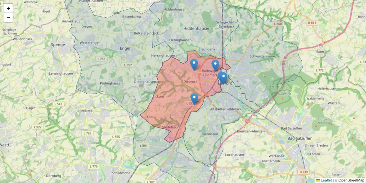 Karte des Postleitzahlen Bereichs  und der umliegenden Postleitzahlen in Deutschland