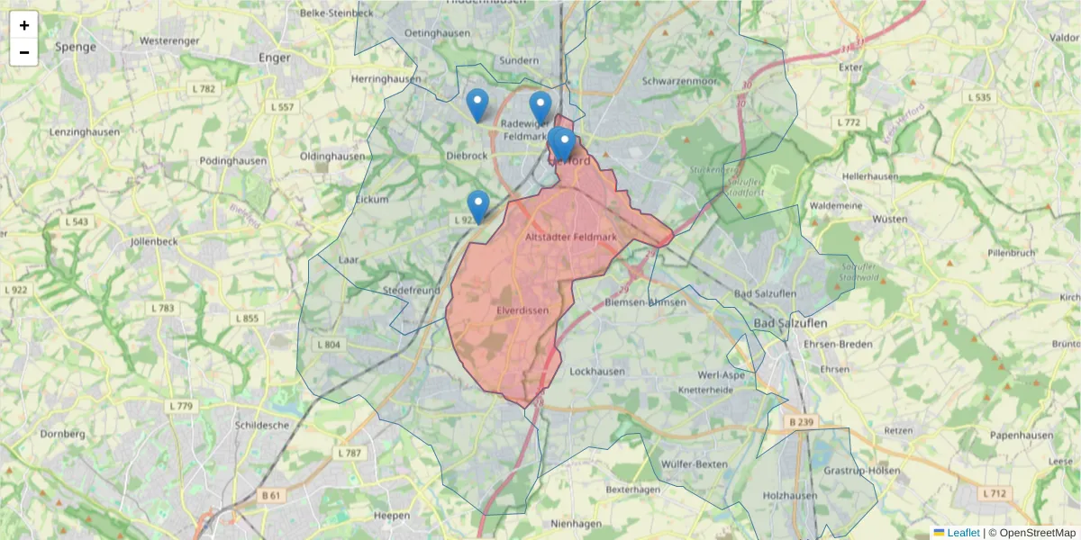 Karte des Postleitzahlen Bereichs  und der umliegenden Postleitzahlen in Deutschland