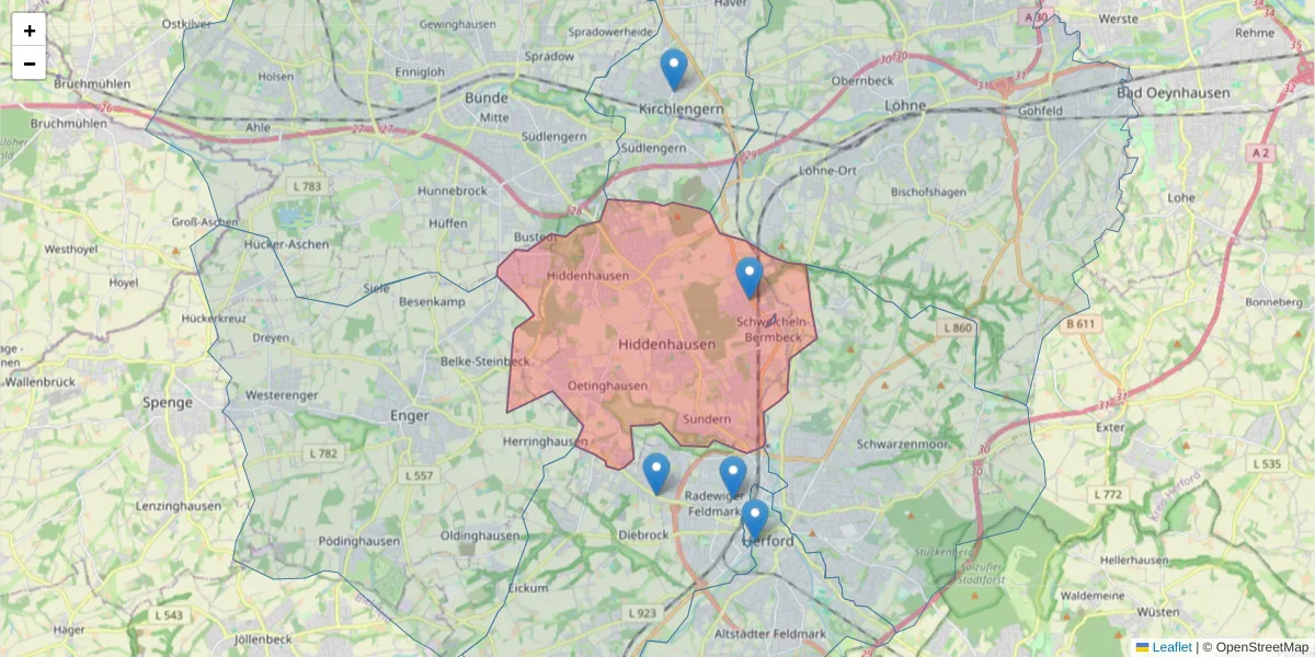 Karte des Postleitzahlen Bereichs  und der umliegenden Postleitzahlen in Deutschland
