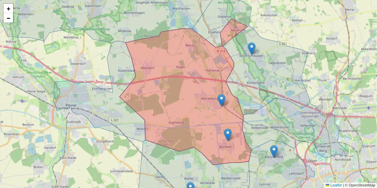 Karte des Postleitzahlen Bereichs  und der umliegenden Postleitzahlen in Deutschland