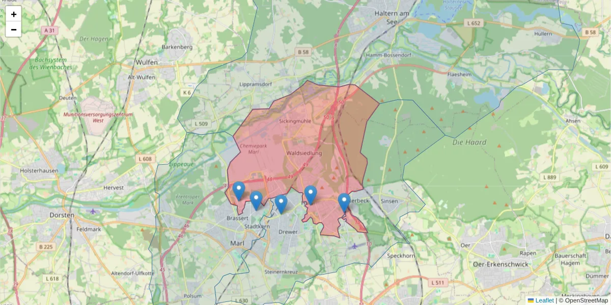 Karte des Postleitzahlen Bereichs  und der umliegenden Postleitzahlen in Deutschland