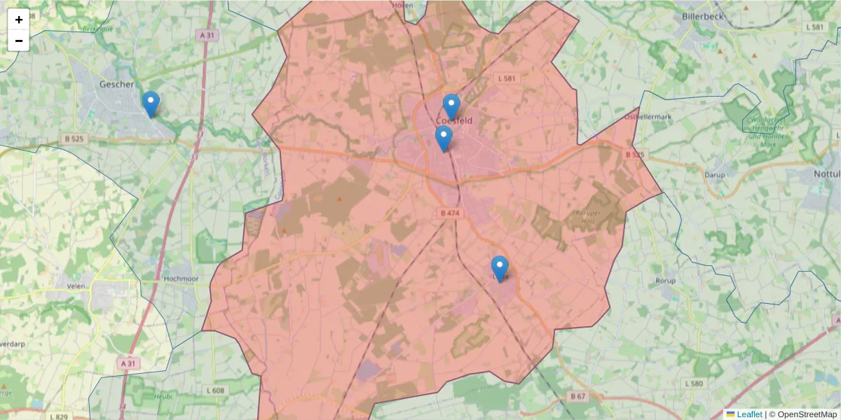 Karte des Postleitzahlen Bereichs  und der umliegenden Postleitzahlen in Deutschland