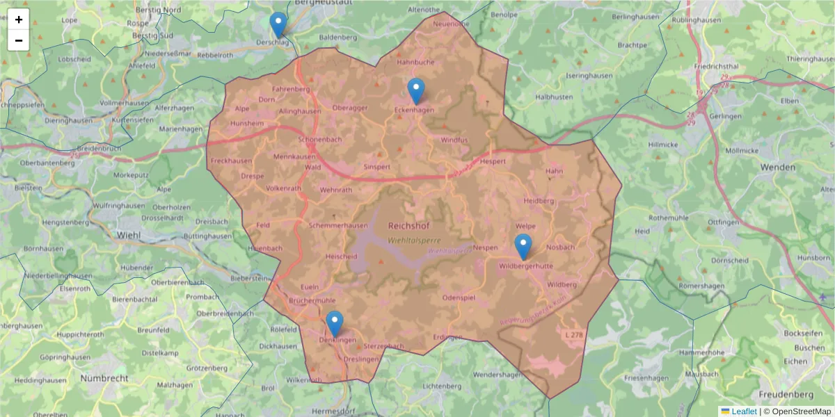 Karte des Postleitzahlen Bereichs  und der umliegenden Postleitzahlen in Deutschland