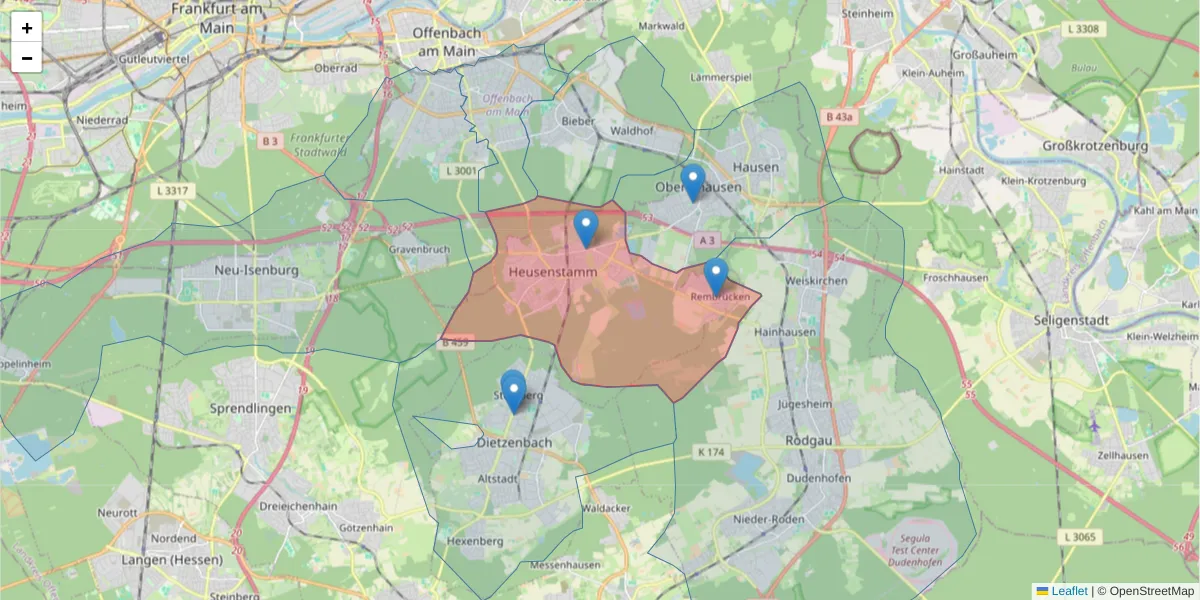 Karte des Postleitzahlen Bereichs  und der umliegenden Postleitzahlen in Deutschland