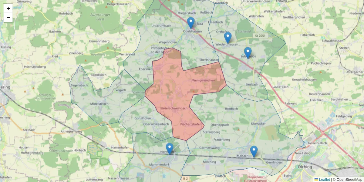 Karte des Postleitzahlen Bereichs  und der umliegenden Postleitzahlen in Deutschland