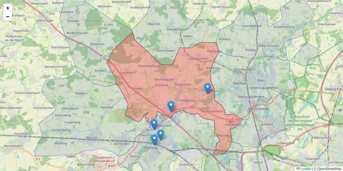 Karte des Postleitzahlen Bereichs  und der umliegenden Postleitzahlen in Deutschland