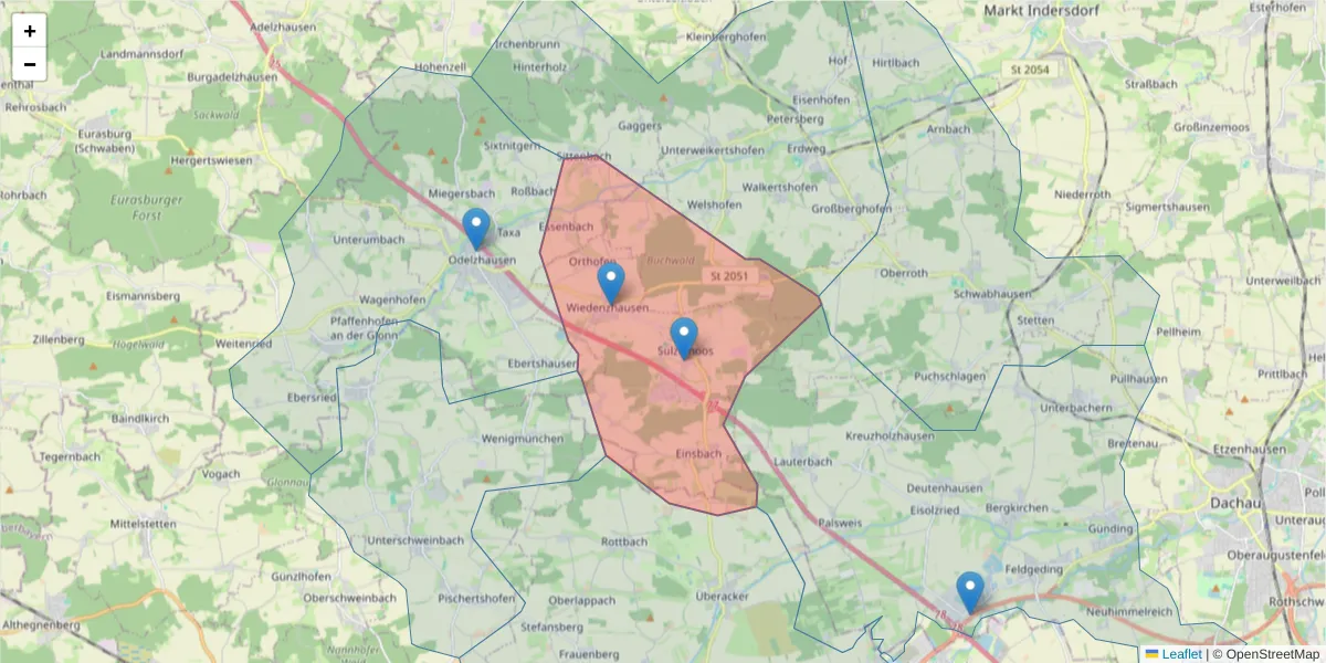 Karte des Postleitzahlen Bereichs  und der umliegenden Postleitzahlen in Deutschland