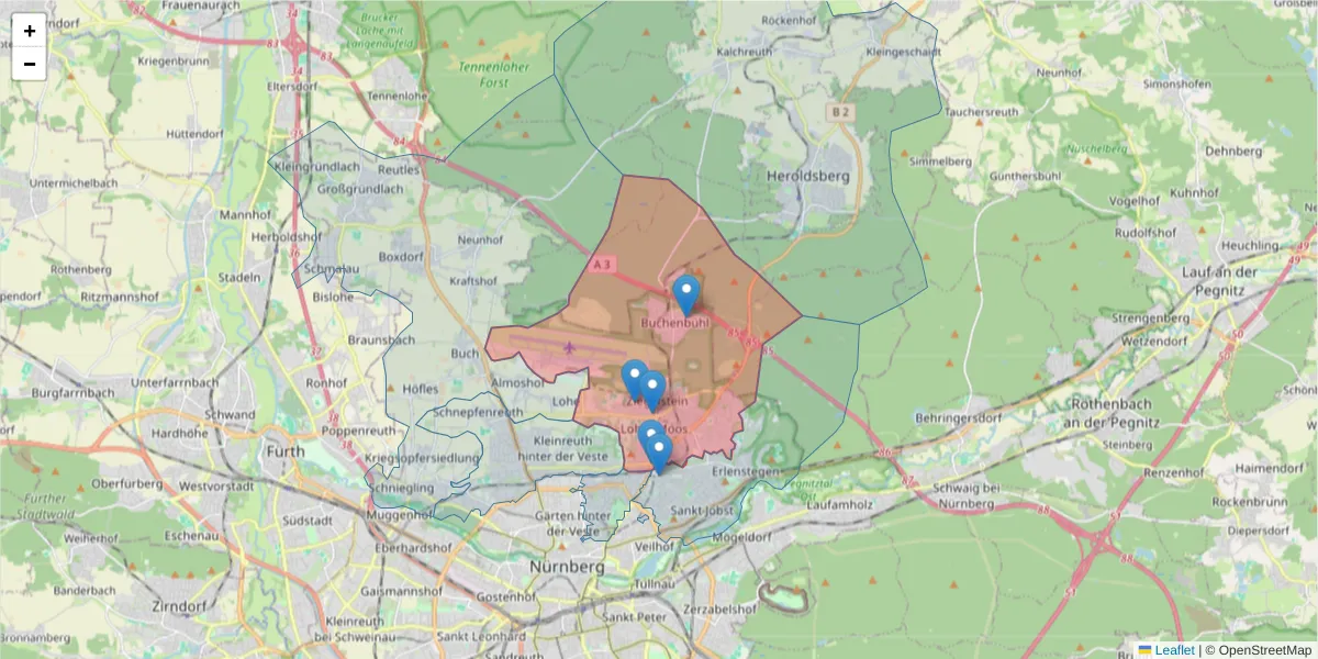 Karte des Postleitzahlen Bereichs  und der umliegenden Postleitzahlen in Deutschland