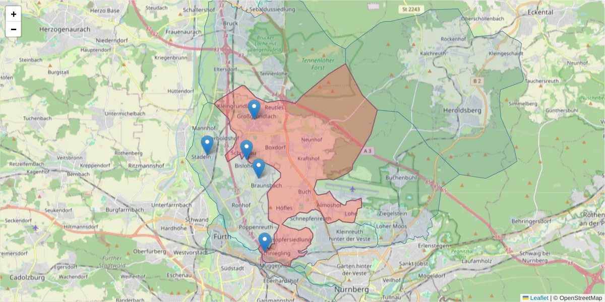 Karte des Postleitzahlen Bereichs  und der umliegenden Postleitzahlen in Deutschland