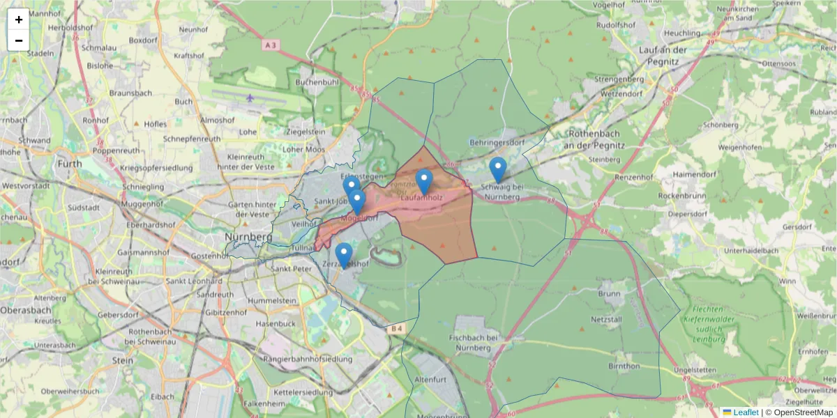 Karte des Postleitzahlen Bereichs  und der umliegenden Postleitzahlen in Deutschland