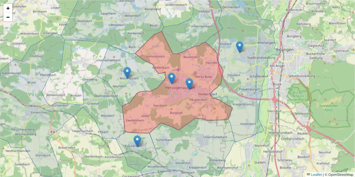 Karte des Postleitzahlen Bereichs  und der umliegenden Postleitzahlen in Deutschland