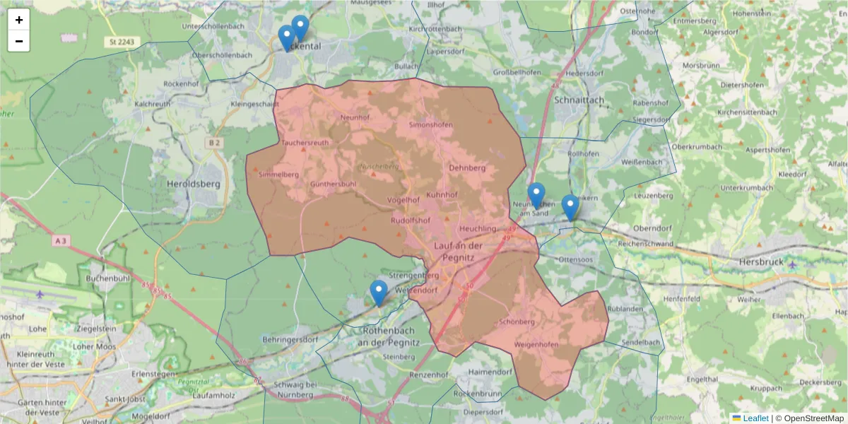 Karte des Postleitzahlen Bereichs  und der umliegenden Postleitzahlen in Deutschland