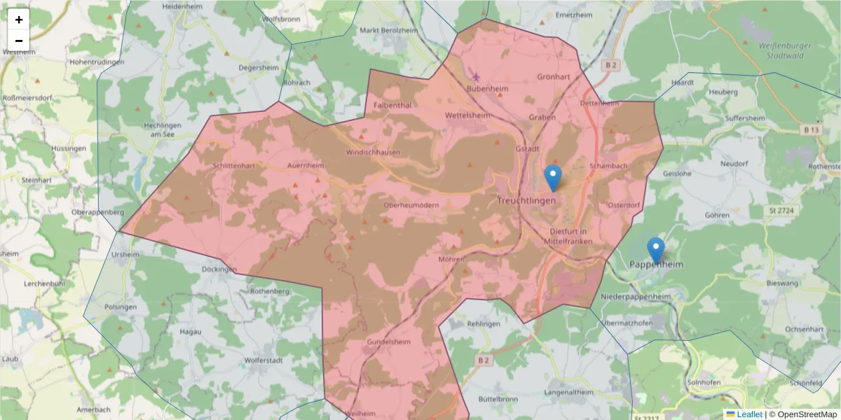 Karte des Postleitzahlen Bereichs  und der umliegenden Postleitzahlen in Deutschland